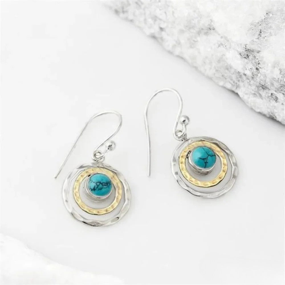 Boho Saturn Earrings with Turquoise Stone in Silver & Gold